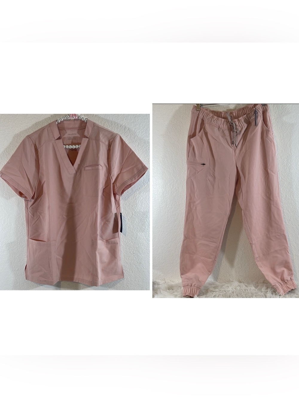 JAANUU 3-Pocket Scrub Top & 5-Pocket Skinny Scrub Jogger Blushing Pink NEW